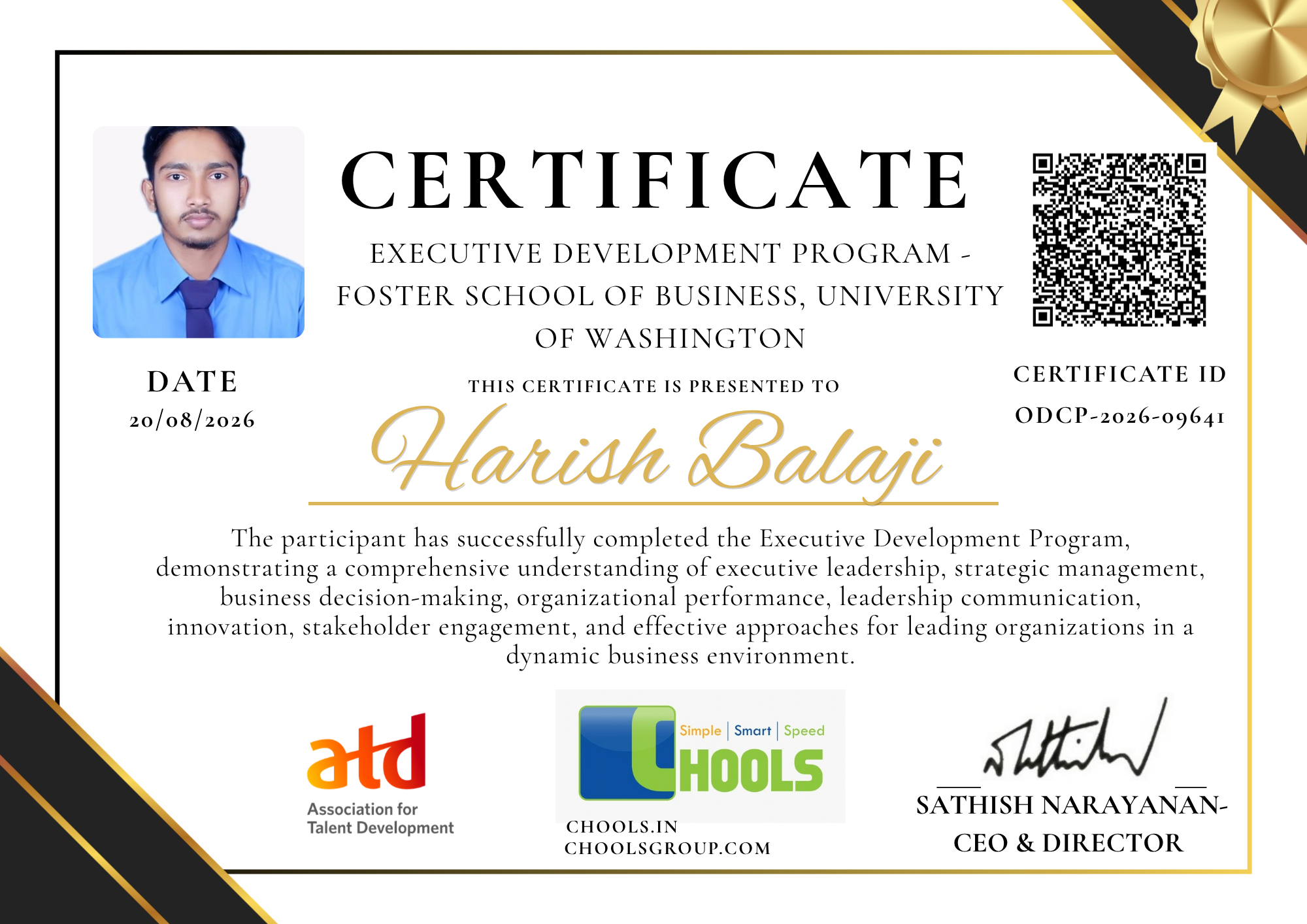 Executive Development Program - Foster School of Business, University of Washington Program Certificate